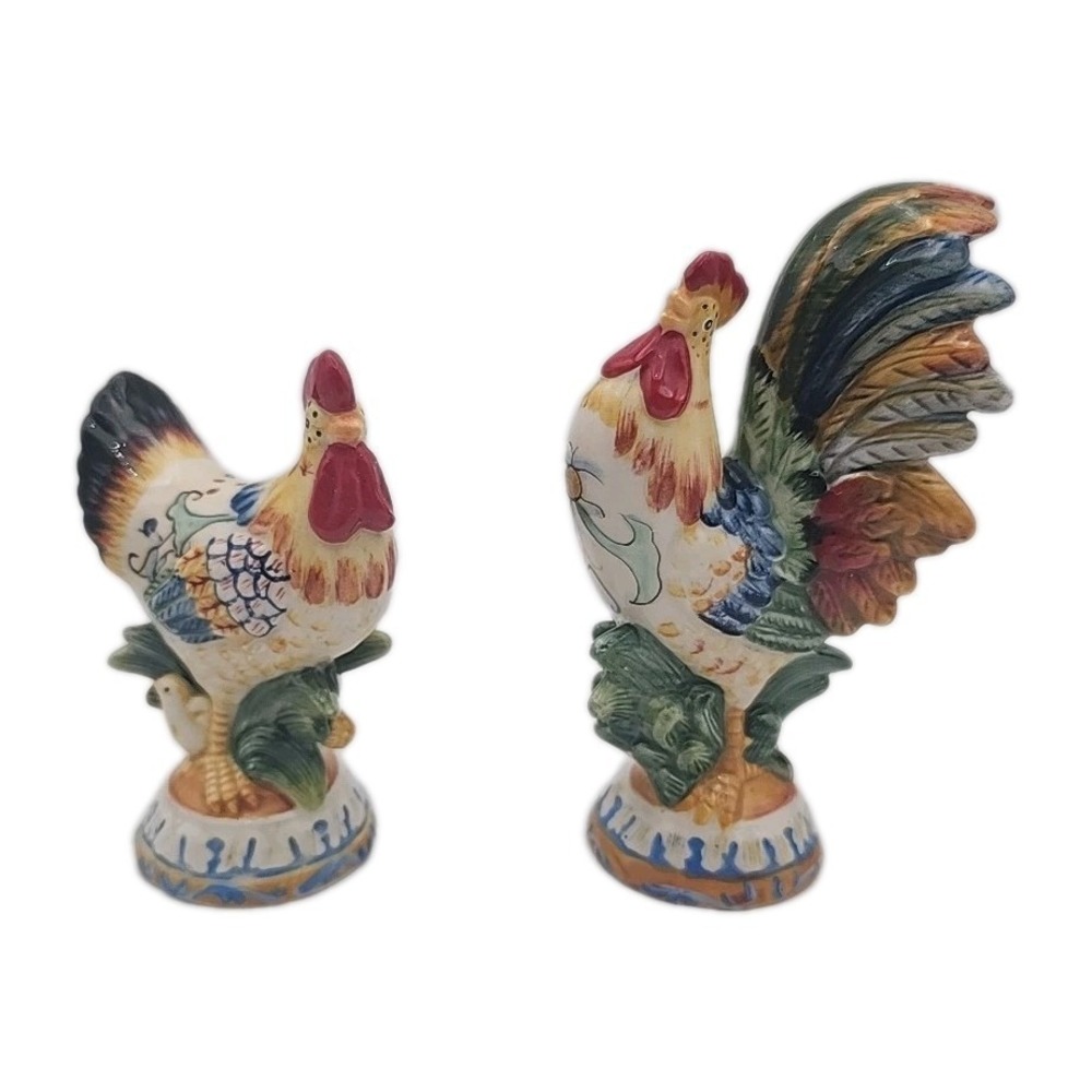 Fitz & Floyd Ricamo Rooster Hen Chicken Hand Painted Salt & Pepper Shaker Set
